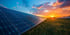 Solarmodule auf einer grünen Wiese bei Sonnenuntergang mit orangefarbenem Himmel.