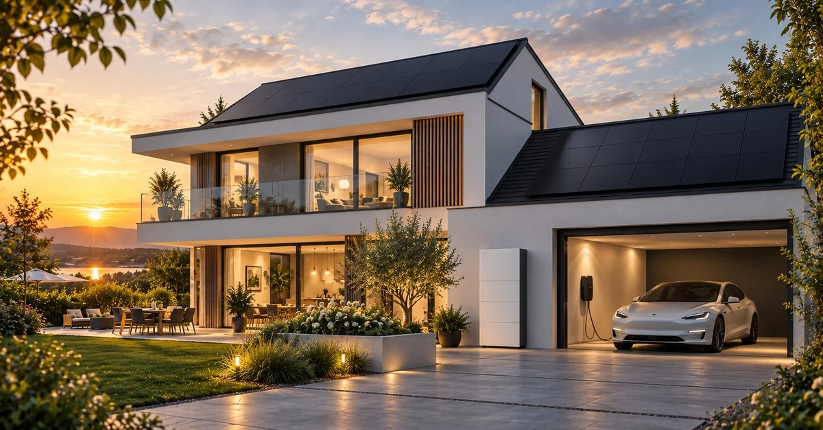 Modernes Einfamilienhaus mit Solaranlage, Batteriespeicher und Tesla an der Wallbox